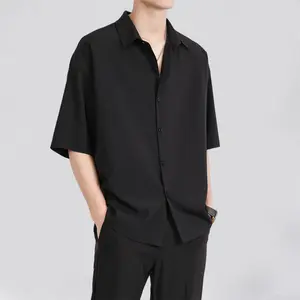 Men's Ice Silk Short Sleeve Shirt Summer Casual Outerwear High-end Sense Cool Black Shirt