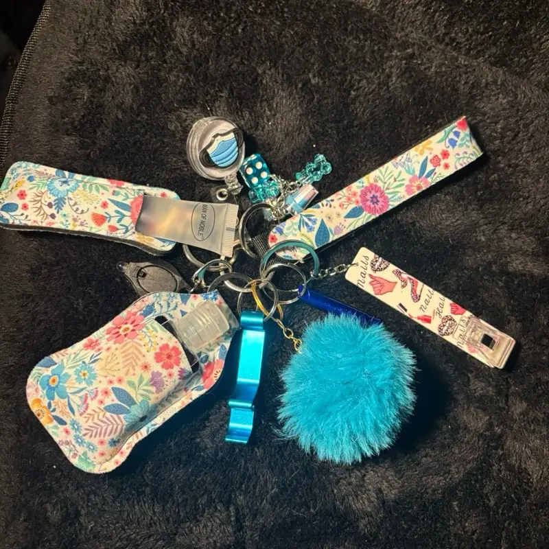 Dreaming Blue Keychain with Floral Design and Pom Pom Charm Accessories