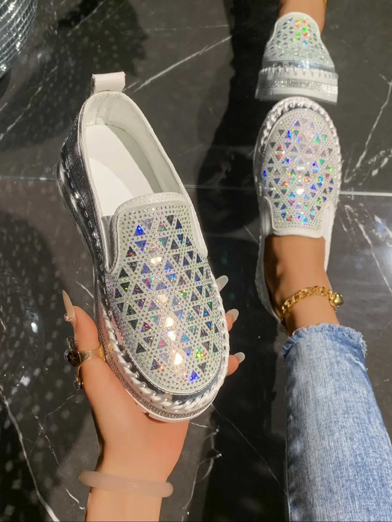 Colorful Sequins Rhinestone Elastic Band Platform Bag, Anti-Slip Women's Fashion Shoes, Comfortable Trendy Footwear for All Occasions, Casual Slip On, Slip On Style