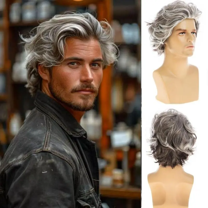 Men's Synthetic Hair Medium-Length Wig - Gradient Gray-White Blonde Curly, Unisex Styleable Comfortable Breathable Daily Wig, Fashion Accessory for Role-Playing, Halloween, Comfortable And Breathable, Gradient Gray-White Hair Strands, Daily Outings, Festi