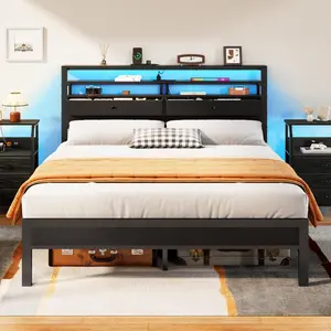 Full Size Bed Frame with Headboard & 2 Fabric Drawers, Full Platform Bed Featuring LED Lights, Built-in Charging Station & Storage Shelves, Metal Slats, No Box Spring Needed – Black Oak