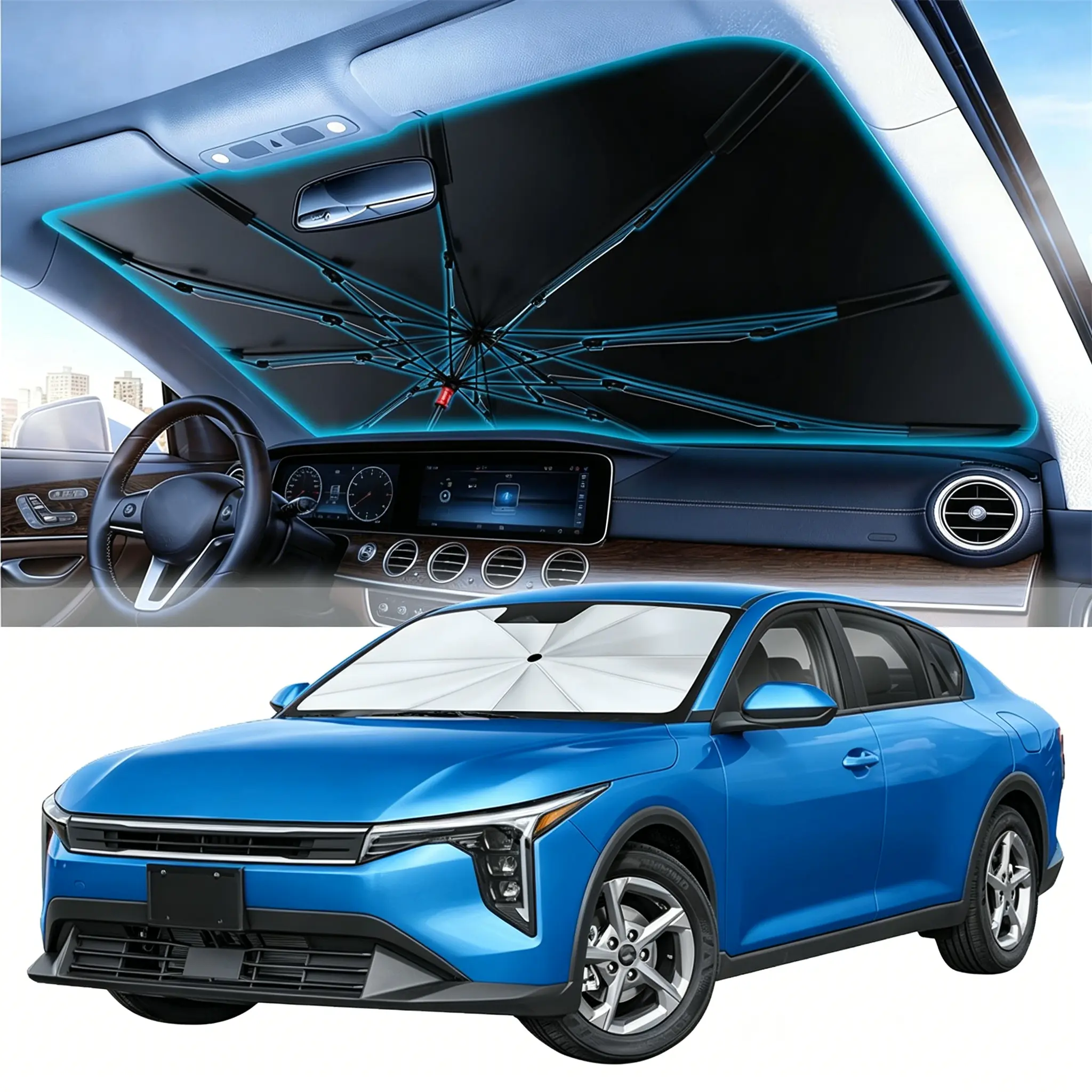 Foldable Windshield Sun Shade Umbrella for Car  UV & Heat Protection Front Window Sun Shield, Keeps Interior Cool, Fits Sedans SUVs & Trucks