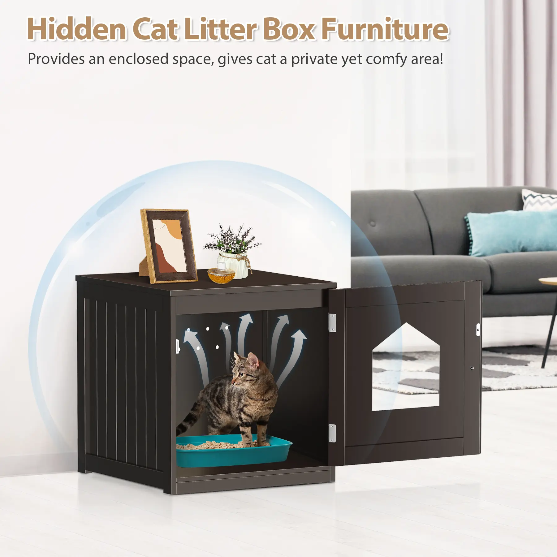 Zeny Enclosed Litter Box Enclosure - Iron & MDF Dual-Use Hidden Cat End Table Home Decor with Airflow Vent, Wide Opening, Hassle-Free Cleaning, 18lbs Brown Pet House