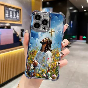 Jesus Clear Protective Four Comers Air Cushion Anti-drop CellPhone Case Clear Phone Case For iPhone 16 Pro Max 15 14 13 12 11 Plus Four Corners Cases 195-07