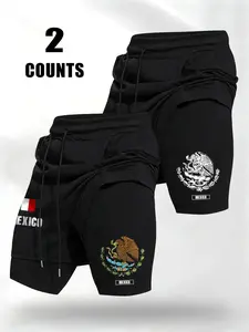 Men's Summer Trendy Letter Print Mexico Crest Fitted Shorts 2-Pack, Soft Casual Outdoor Athletic Sportswear Activewear, Essential Summer Street Style