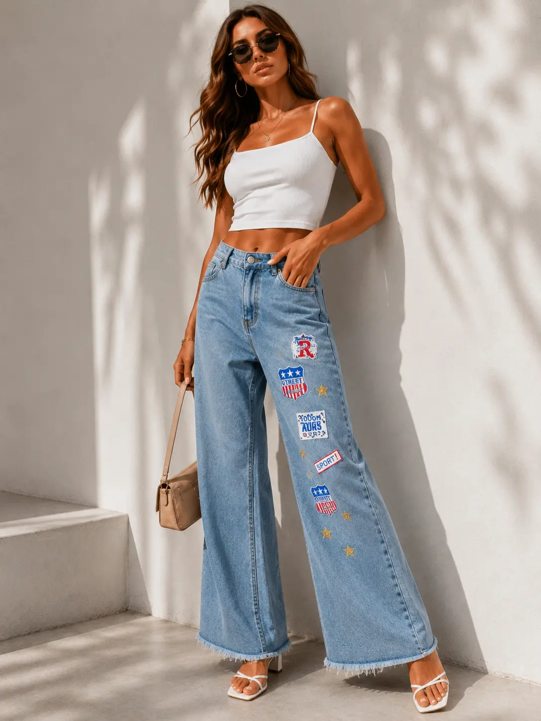 Women’s Light Wash Wide Leg Jeans, Mid Rise Baggy Denim Pants with Graphic Patches and Raw Hem, Y2K Streetwear Casual Jeans for Everyday Wear
