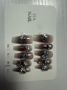 Handmade Press on Nail Tips Set of 10,  Edge Detail & Hand Drawn Elements,, Stylish Acrylic Nails, Square Nails for Parties Weddings Daily Wear