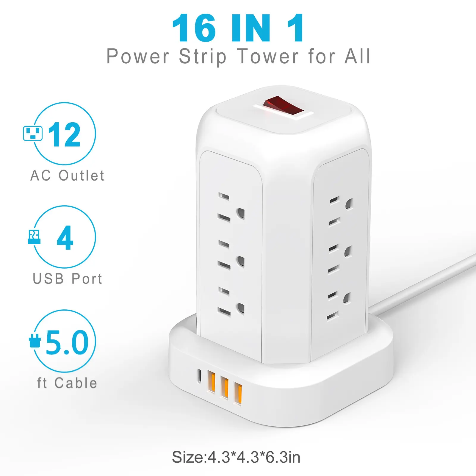 16-in-1 Tower Power Strip Surge Protector with 12 AC Outlets, 4 USB Ports, 5.1ft Extension Cord - Multi-Port Vertical Power Station for Home, Office