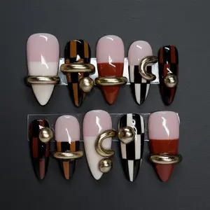 Modern Checkered Press On Nails, Gold Ring Moon Nails, Geometric 3D Nails, Long Coffin Nails, Retro Handmade Gel Nails, Reusable Nail Set