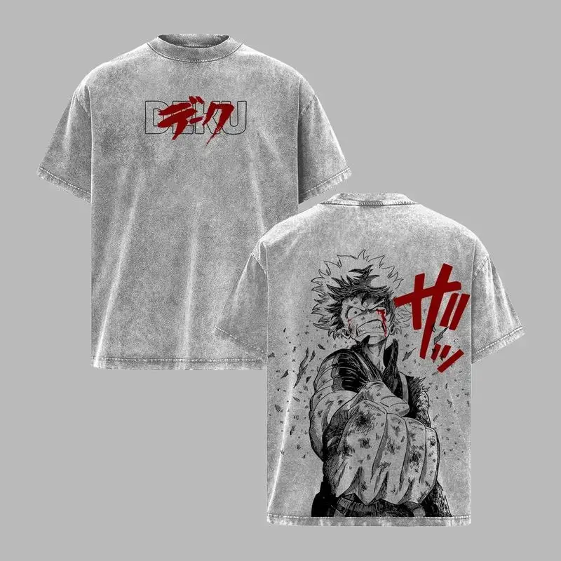 Men's 1 For All Deku T-Shirt - Izuku Midoriya My Hero Academia Vintage Washed Oversized Heavyweight Anime Streetwear Menswear Top for MHA Fans, Tshirt, Shortsleeve, Graphic T Shirts, Vintage Retro