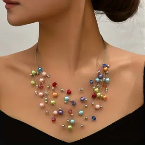 Vibrant Bohemian Multilayer Shimmering Imitation Pearl Necklace |   Artisan-Crafted, Authentic Charm, Unique Color Beads, Randomly Arranged in Every Piece, A Feminine, Exquisite Handmade Gift for Ladies
