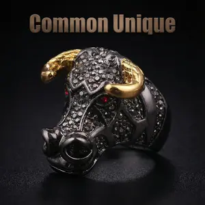 Bold Bull Head Ring - Black & Gold with Diamond Accents (Size 8-11) - Ultimate Statement Jewelry