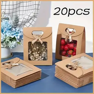 20pcs Reusable Kraft Paper Gift Bags with Bow & Window, Transparent Packaging for Candies, Cookies, Weddings, Valentines, Christmas, Party Gift Packs