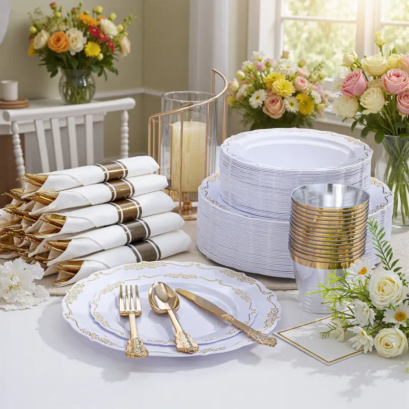 Wellife 175-Piece Disposable Gold Plastic Party Tableware Full Set - Food-Grade 10in Plates, Multi-Size Dessert Plates, Leak-Proof Cups, Rolled Napkins, Gold Cutlery for Birthday, Anniversary, All Occasions