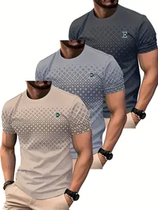 3pcs Men'S Slim-Fit Athletic T-Shirts | Quick-Dry Short Sleeve Gym Shirts with Greek Key Logo-Like Pattern in Beige/Blue/Dark Grey | Breathable Workout Tees for Yoga & Casual Wear | Machine Washable Multi-Season