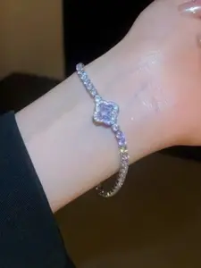 Four-Leaf Clover Pendant Bracelet for Women, Shiny Zircon Micro-Pave Tennis Chain, Elegant Adjustable Gift Jewelry