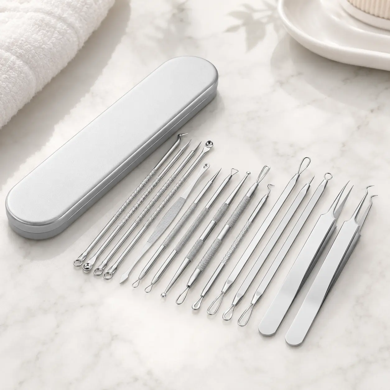 15 PCS Professional Blackhead Remover Tool Kit | 410 Stainless Steel Acne Extractor Set Premium Grade Tools for Blemish Removal | with Metal Storage Box & Gift-Ready Packaging