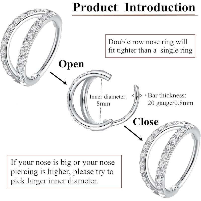 Double Open Stack CZ Nose Ring Hoop 316L Surgical Steel Helix Rook Conch Cartilage Daith Tragus Earrings Hinged Segment Nostril Piercing Septum Clicker 20G 18G 16G Lip Ring