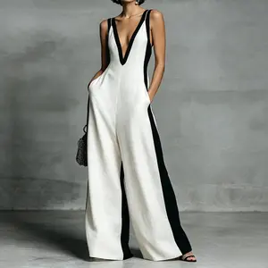 Women's Summer Casual Vacation Romper, Sleeveless V Neck Wide Leg Jumpsuit, Stylish and Comfortable One-Piece, Perfect for Beach and Leisure Activities