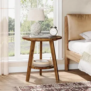 LITTLE TREE Solid Wood Round Side Table, 2-Tier Farmhouse End Table with Storage Shelf,Sofa Side Table with Storage Shelf,Nightstand for Living Room, Bedroom, Easy Assembly