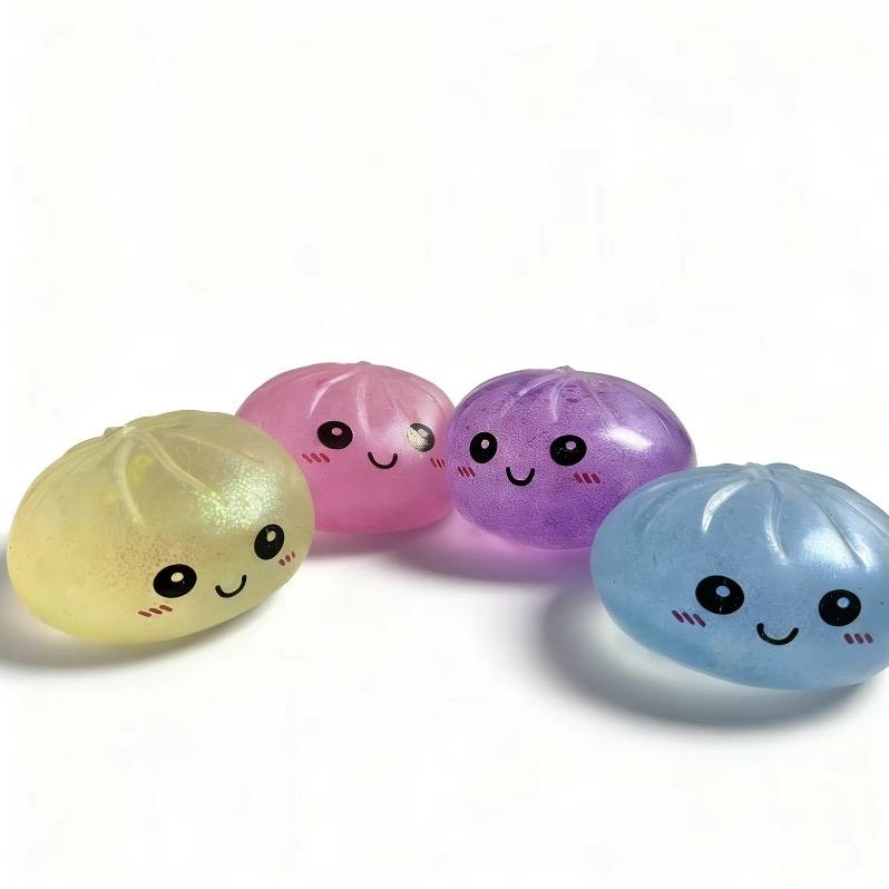 Glitter Smiling Dumpling Squishy with Steamer Box – Maltose Texture Soft TPR Fidget Toy for Kids & Adults, Cute Emoji Squeeze Ball, Ideal for Stress Relief & Gifting