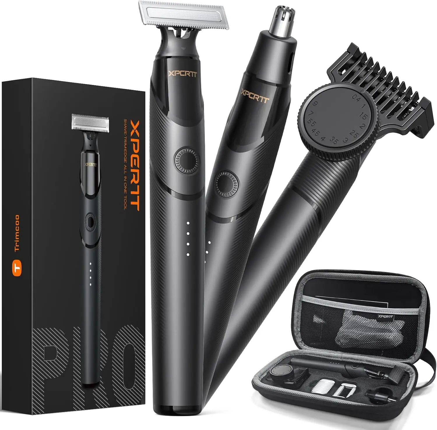 Trimcoo All-in-1 Cordless Grooming Kit for Men, Waterproof Facial & Body Hair Trimmer with Removable Blade, Adjustable Comb & Fast-Charging USB-C, Storage, Rubber, Smooth Cut, Magnetic Blade, Portable Trimmer