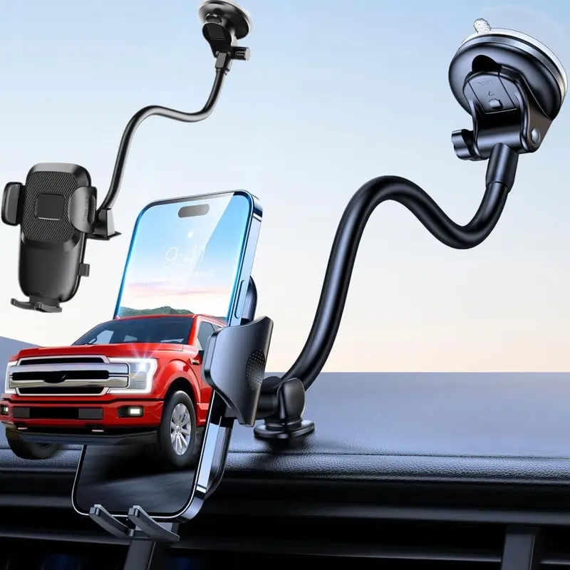 Solid Car Truck Phone Mount Holder With 14-Inch Gooseneck Long Arm, Windshield Window Mobile Holders w/Industrial-Strength Suction Cup, Anti-Shake Stabilizer Compatible Most Phones