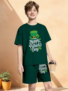 Teen Boys St. Patrick's Day Short Set - "Happy St. Patrick's Day" Leprechaun Hat & Shamrock Print Dark Green Outfit