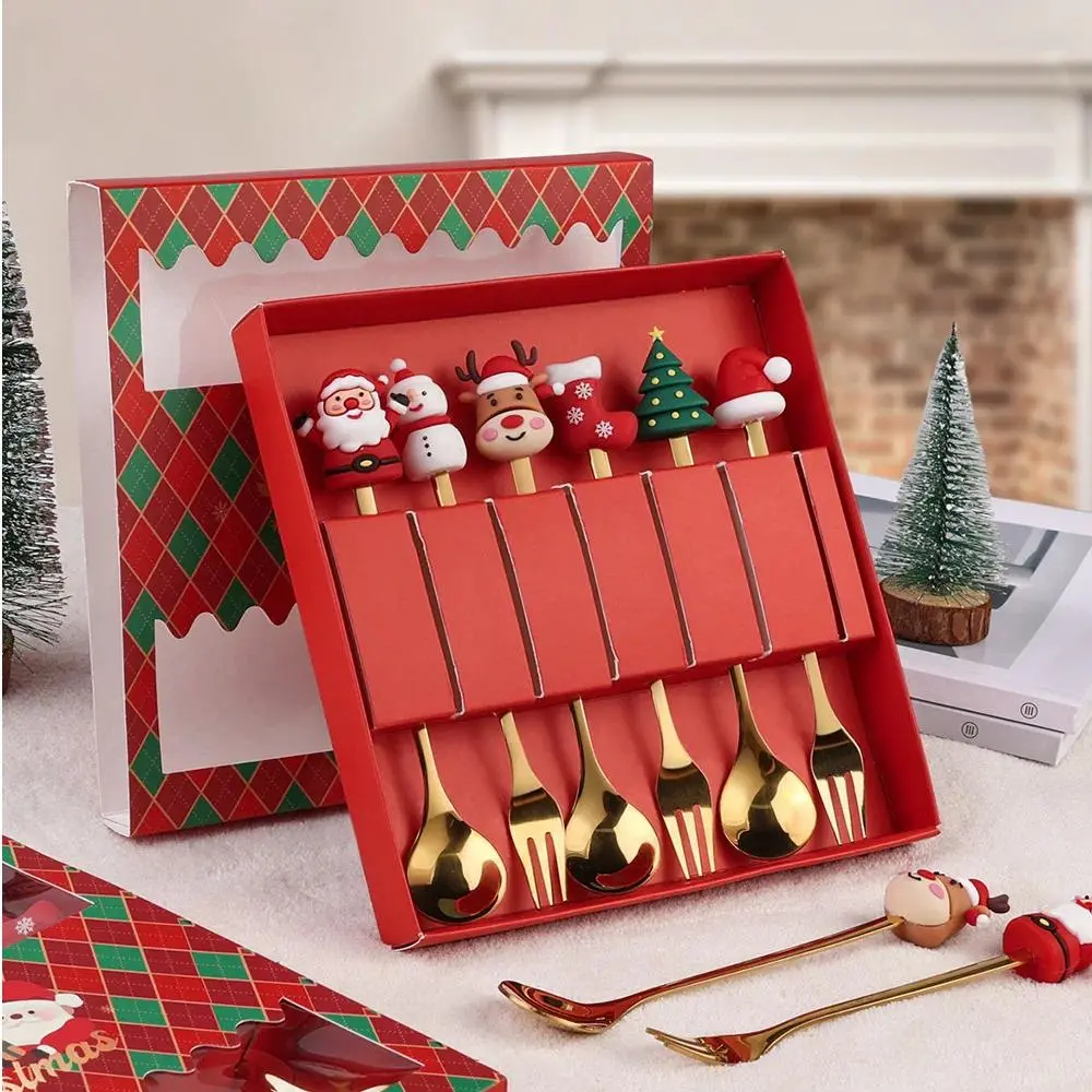 Christmas Coffee Spoons Set Cartoon Cute Stainless Steel Santa Claus Dessert Forks Christmas Gifts for Kids Gift Box