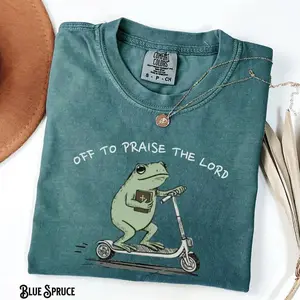 Comfort Colors Christian T-Shirt, Funny “Frog Off to Praise the Lord” Graphic, Bible Study Shirt, Jesus Church Faith Humor Tee, Perfect Gift for Believers - HARSIN