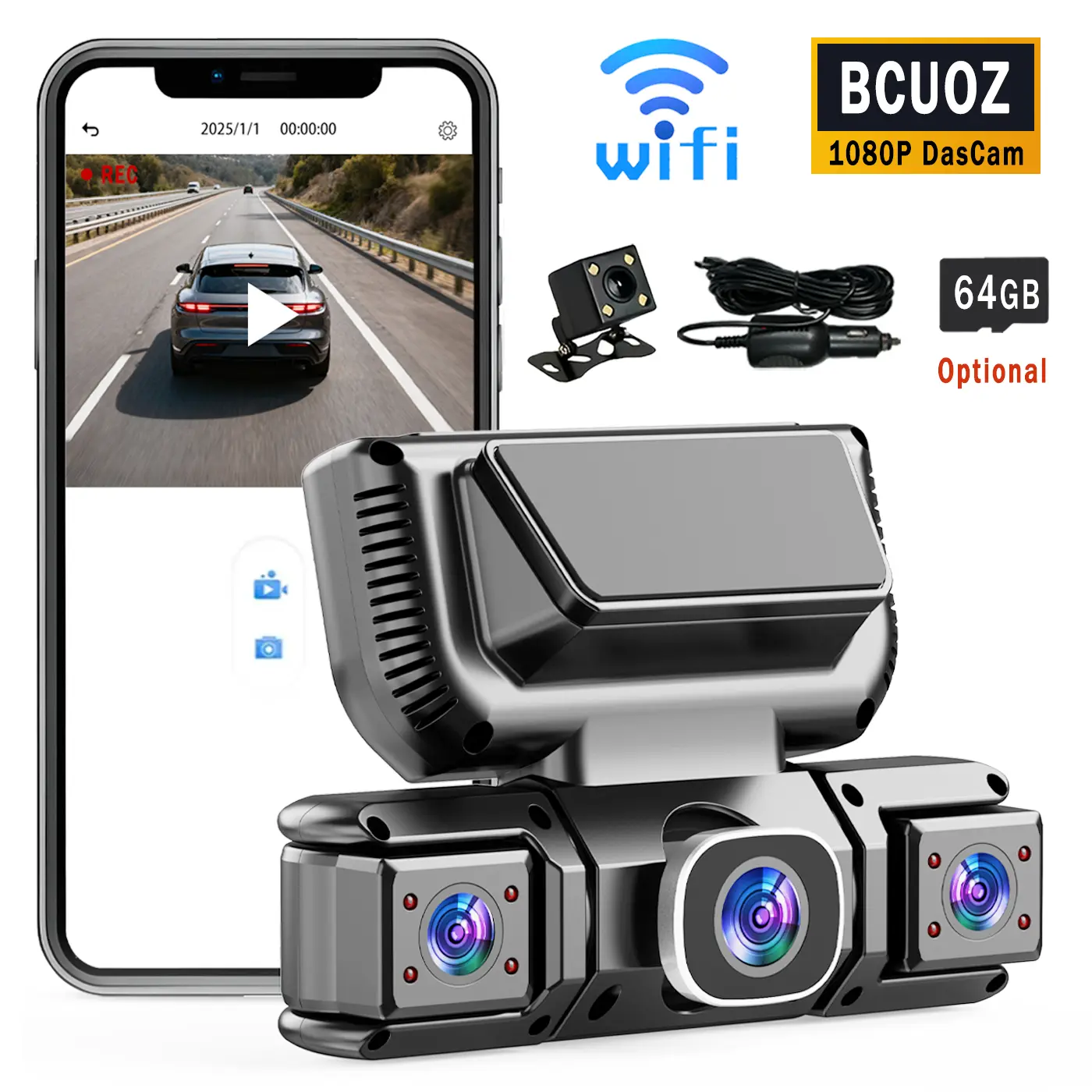 4-Channel Dash Cam Built-in WiFi, With 64GB Card, (Not wireless)Full HD Dual Dash Camera for Cars Front,Requires charging to use,Rear Left and Right, Car Camera with Clear Night Vision, HDR, App carplay adapter wireless mp3 fuse kit Hd Automotive Dashcam
