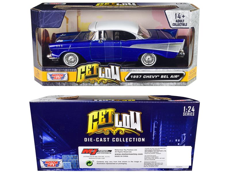 1957 Chevrolet Bel Air Lowrider Candy Blue with White Top "Get Low" Series 1/24 Diecast Model Car by Motormax