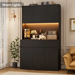 FOTOSOK 71" Modern Black Kitchen Pantry Cabinet with 6 Doors, 3 Drawers, LED Lights, Power Outlets, USB Ports, 39.4" Wx 15.2" Dx 70.9" H