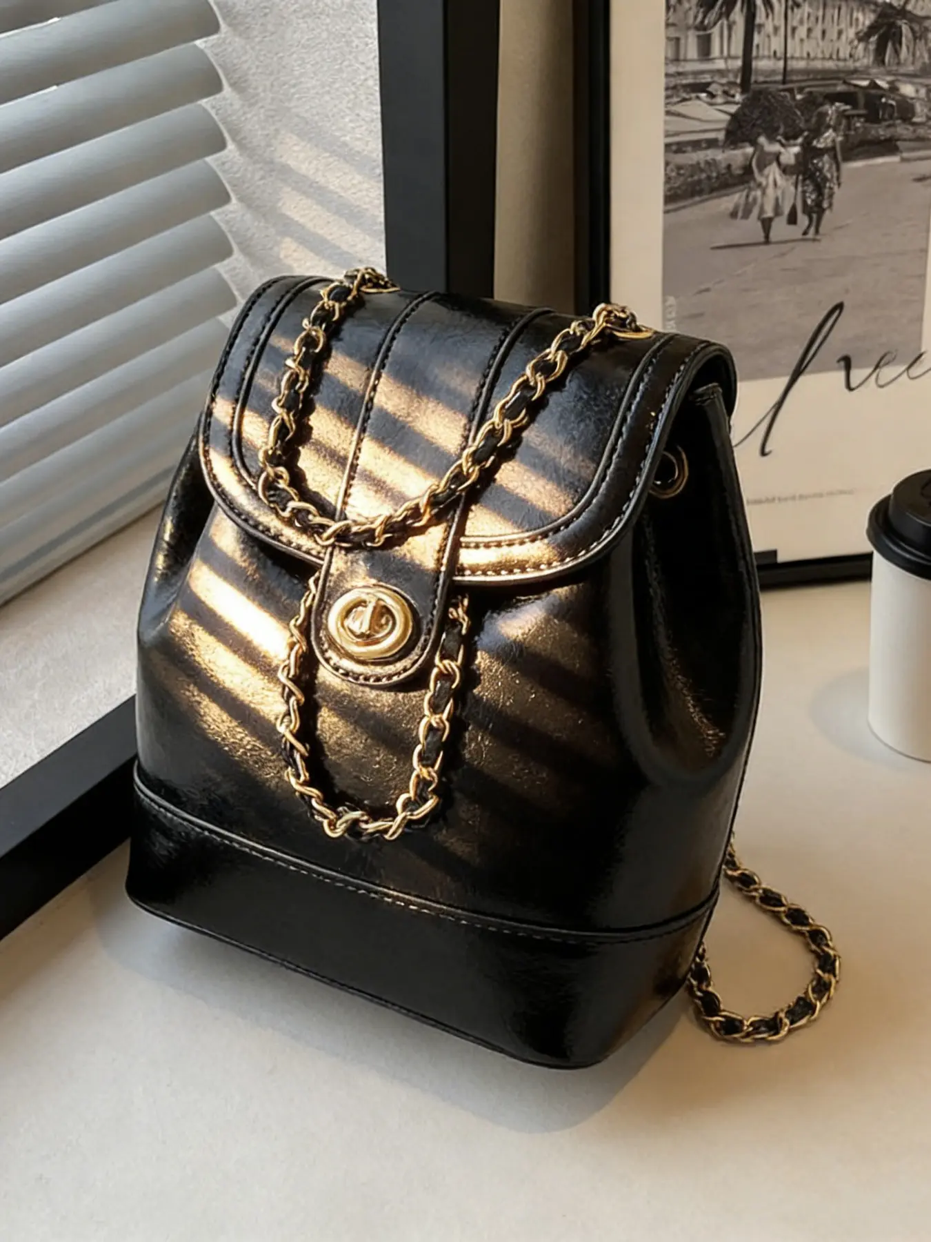 Fashion Mini Backpack, Glossy Leather with Chain Strap, Elegant Convertible Shoulder Bag, Street Style Commuter Bag, Trendy Backpack