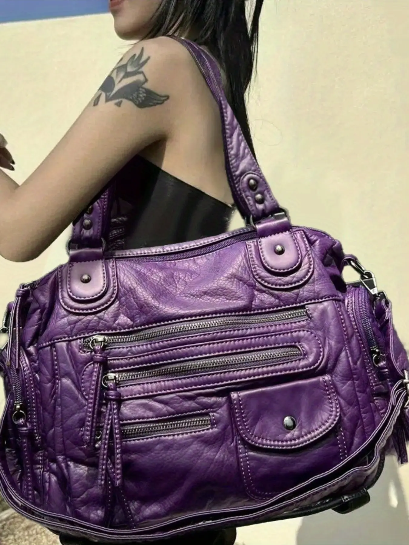 Ladies' fashionable retro Y2K spicy girl crossbody handbag, large capacity, multiple pockets, punk diagonal cross bag, casual trendy bag, casual shoulder bag, washed and vegan bag, suitable for vacation, shopping, work, holiday gifts
