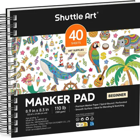 Shuttle Art Marker Pad, Portable Sketchbook, 40/70 Sheets Marker Drawing Paper, 110LB/180GSM Smooth Surface Bleedproof Art Paper, Spiral-Bound, Great for Beginners to Draw, Paint & Sketch,Additional Transparent Sheet