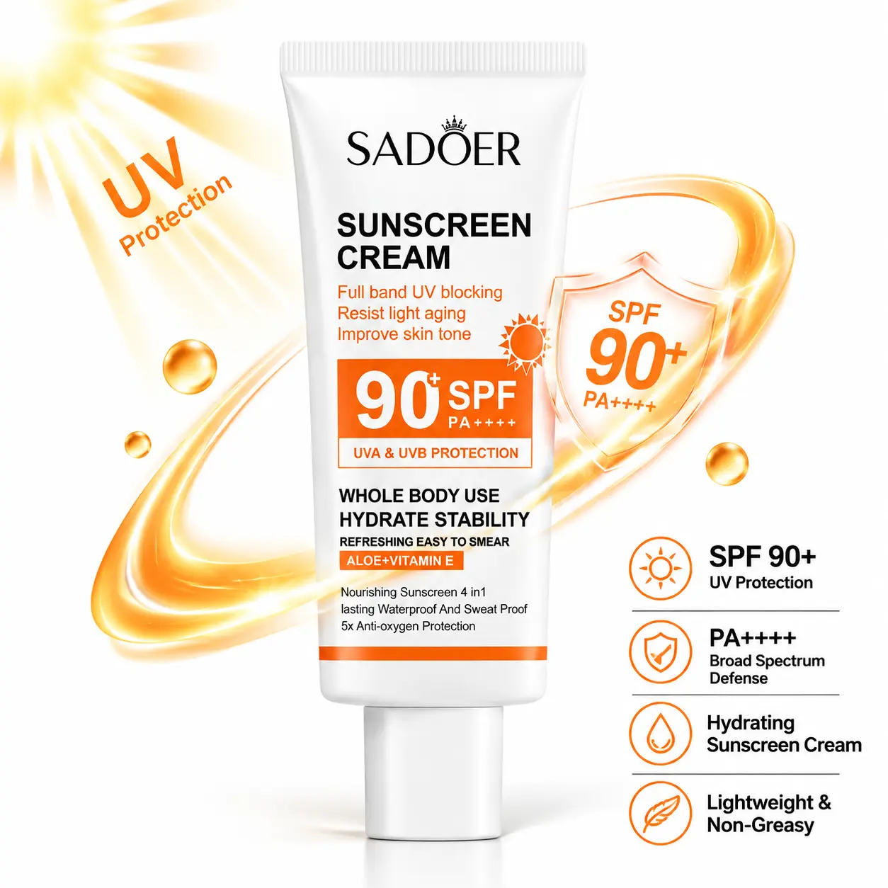 SADOER Sunscreen Cream SPF 90 PA Plus Plus Plus - Broad Spectrum UVA UVB Protection, Lightweight Non-Greasy Daily Face and Body Lotion for All Skin Types, 1.7 fl oz