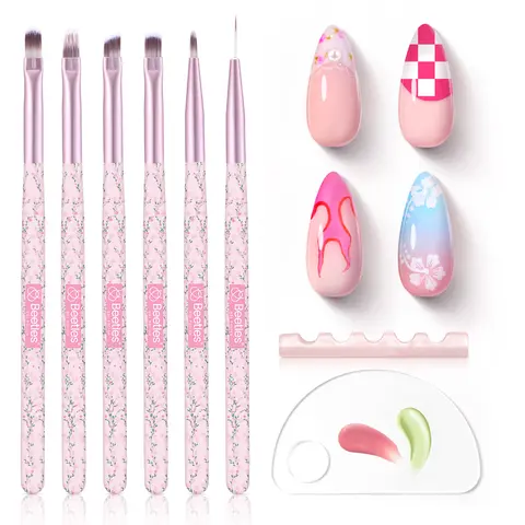 Beetles 6Pcs Gel Nail Art Brush Set, Fingernail Painting and Design Brushes with Floral Pattern Handles, Gradient Bristles, Palette & Dotting Tools for French Tips, Flowers, Lines and DIY Home Salon Manicure