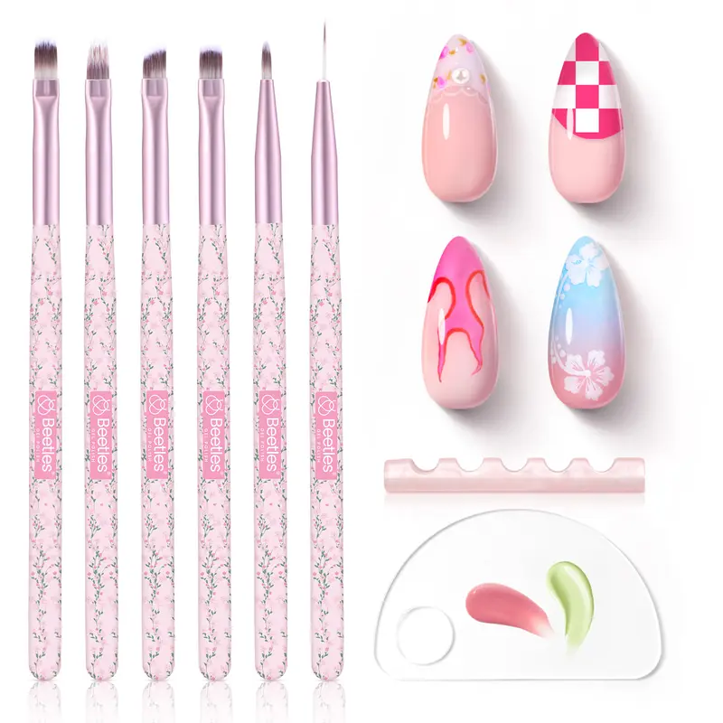 Beetles 6Pcs Gel Nail Art Brush Set, Fingernail Painting and Design Brushes with Floral Pattern Handles, Gradient Bristles, Palette & Dotting Tools for French Tips, Flowers, Lines and DIY Home Salon Manicure