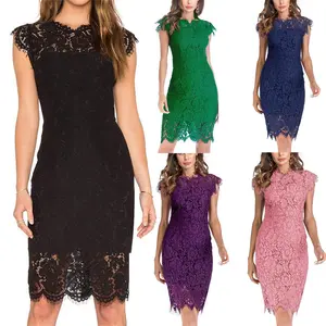 Women's Sleeveless Lace Floral Elegant Cocktail Dress Crew Neck Knee Length for Party