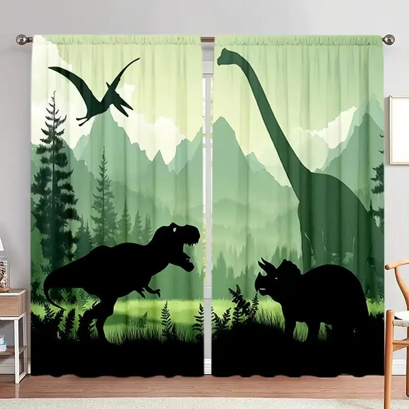 Dinosaur Silhouette Semi-Transparent Curtains, Polyester Faux Fur Rod Pocket, Bedroom Living Room Office Decor, Classic Animal Cartoon Pattern, Window Drapes, Home Decorative Curtain