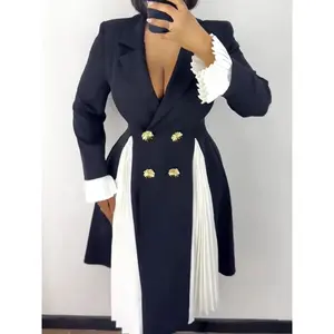 LittleFishOutdoor black wednesday outfit  vestidos elegantes bonitos elegant outfits christmas party outfit prom dress Colorblock Pleated Spliced Notched Collar Pleated Double Breasted Blazer Dress