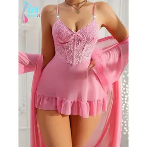 Sheer Lace Babydoll & Kimono Robe Set |   Valentine's Gift, Date Night Sleepwear