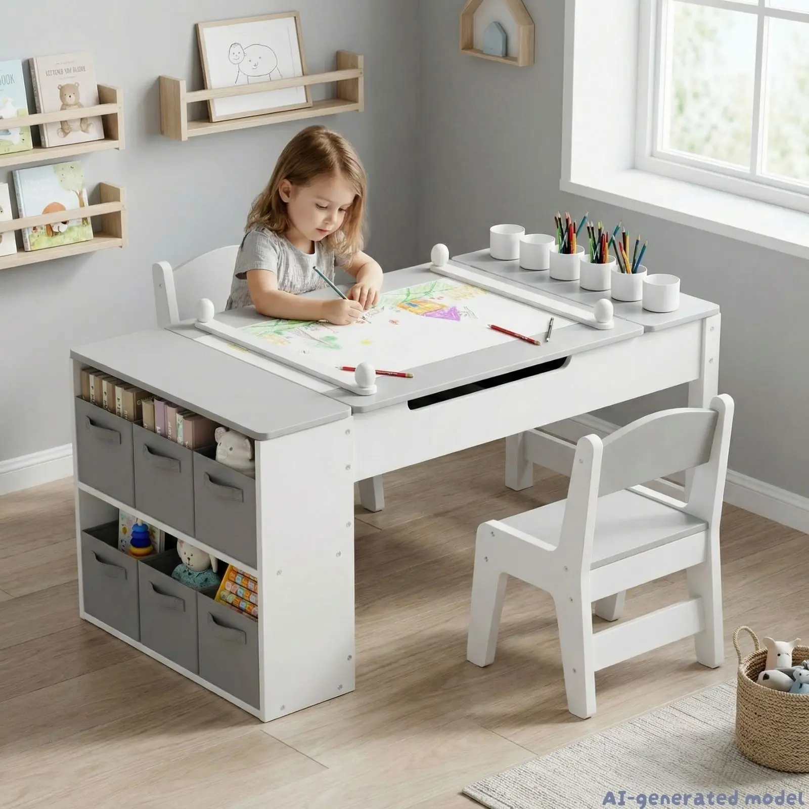 MAMIZO Kids Art Table & Chairs Set with Removable Tabletop Storage, Toddler Painting Table and Chair Set Convertible Play Desk with 6 Paint Cups, 6 Storage Bins & Paper Roll for Kids Drawing Studying Playing child multi-activity mesa montessori