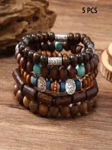 Vintage Wooden Bead and Coconut Shell Bracelet Set, Stackable Bracelet, Unisex Elastic Design, Perfect for Couples, Daily Wear & Gifts, Trendy Bangles