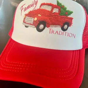 Family Tradition Christmas Trucker Hat for Women Festive Fun Accessory with Red Truck Design Premium Snapback