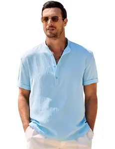 COOFANDY Men's Casual Henley Shirt Band Collar Short Sleeve Shirt Summer Beach Hippie T-Shirt Classic Menswear