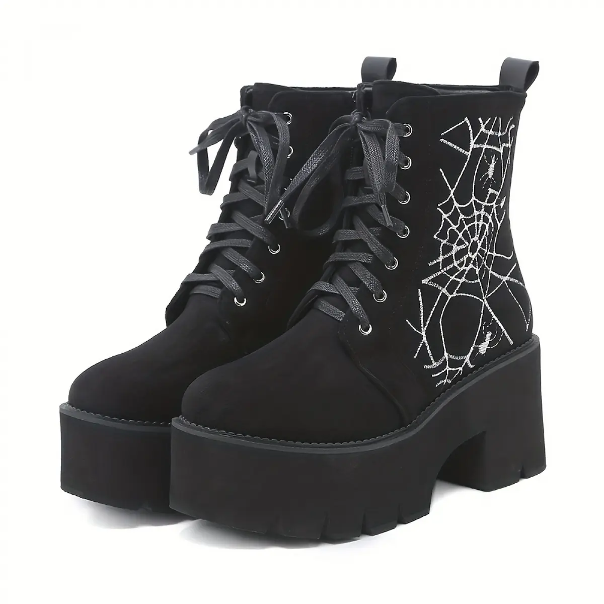Women's Gothic Platform Ankle Boots, Chunky Block Heel Lace Up Zipper Shoes, Black Round Toe Punk Daily Footwear