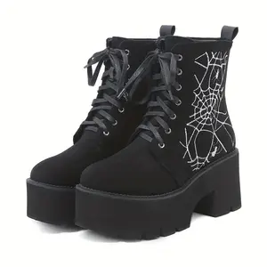 Women's Gothic Platform Ankle Boots, Chunky Block Heel Lace Up Zipper Shoes, Black Round Toe Punk Daily Footwear