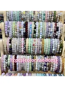 12pcs Random Bohemian Style Natural Stone Bead Bracelet, Versatile Bead Bracelets Suitable For All Seasons, Elastic Rope Stacked Bracelet Set, Halloween And Christmas Gifts